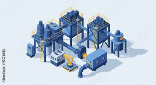 Modern Industrial Manufacturing Plant with Robotic Arm and Automated Machinery.