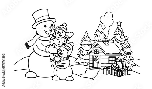 Christmas snowman family coloring book page vector with winter cabin and decorated trees isolated on white background