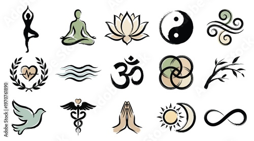 A collection of diverse spiritual, wellness, and symbolic icons arranged in a grid, featuring yoga poses, nature elements, and cultural symbols.