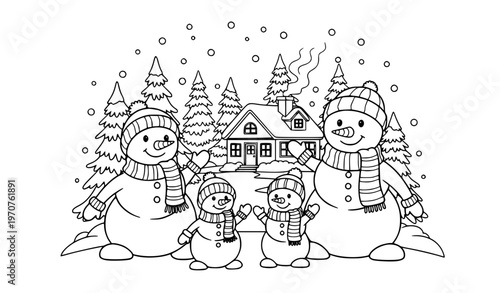 Cute snowman family Christmas coloring page vector illustration with cozy winter house and snowy trees isolated on white background