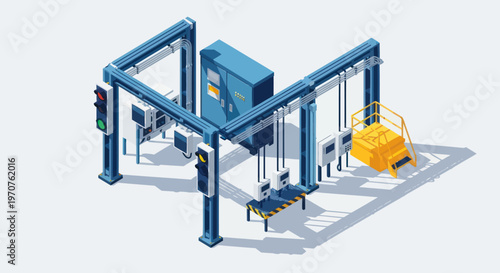 Modern industrial robotic arm assembly line with automated machinery.