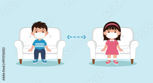 Boy and girl sitting on separate sofas wearing face masks to maintain social distance during pandemic vector illustration.