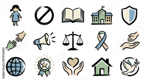 A collection of hand-drawn icons representing various social issues, human rights, and community support concepts.