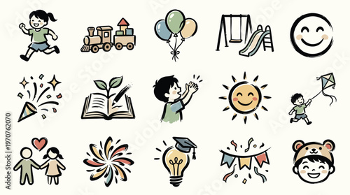 A collection of cheerful and celebratory illustrations depicting childhood, learning, and fun activities, including children playing, balloons, fireworks, and educational symbols.