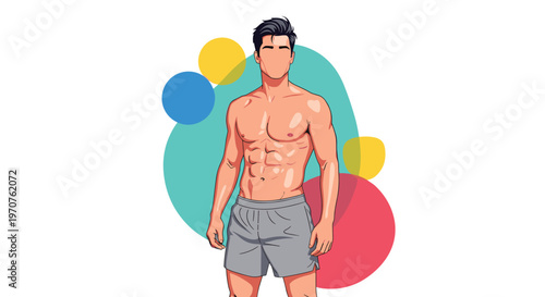 Athletic muscular man with bare chest wearing grey shorts standing against abstract colorful background vector illustration.
