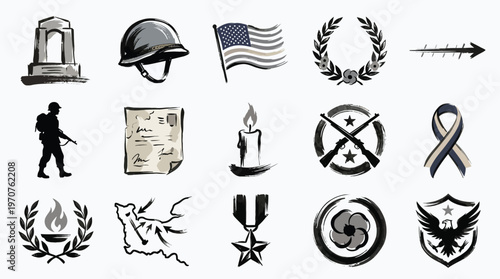 Collection of patriotic and military-themed icons representing remembrance, service, and national pride.