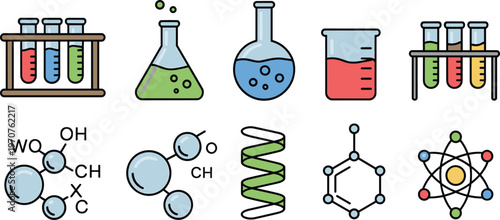 Science and chemistry lab icon set featuring test tubes beakers flasks and molecular structures in a flat vector illustration isolated on white