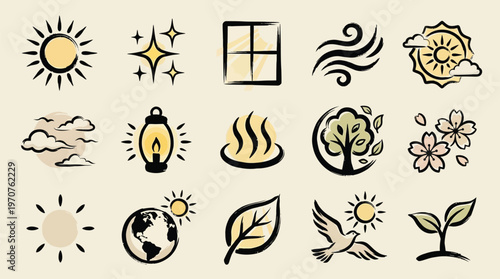 A collection of hand-drawn icons representing nature, weather, and elements of life.