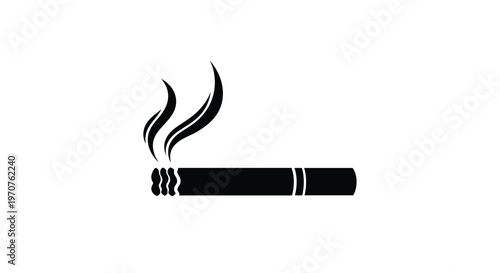 Black silhouette of a burning cigarette with smoke representing smoking addiction or health warning sign vector illustration.