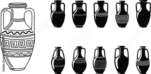 Ancient vase silhouette vector set, black pottery icons, Greek amphora design, geometric pattern illustration, historical ceramic artwork, archaeology theme