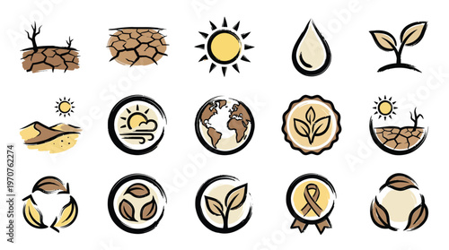 A collection of hand-drawn icons representing environmental themes such as drought, sun, water, and plant growth.