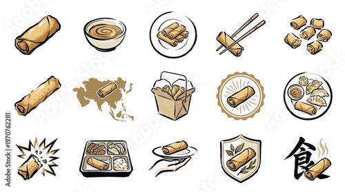 A collection of stylized illustrations depicting various aspects of spring rolls, from preparation to consumption and cultural representation.
