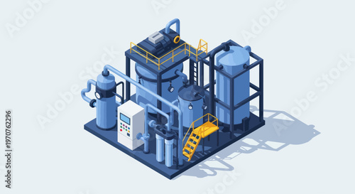 Modern Industrial Water Treatment Plant Equipment Isometric Illustration.