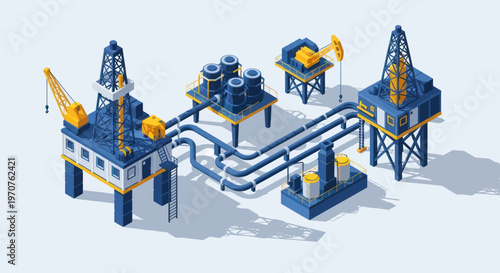 Offshore oil rig platform complex with pipelines and structures.