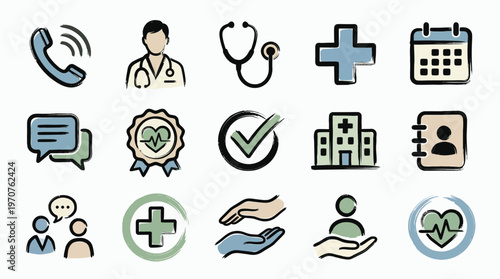 Collection of hand-drawn icons representing various aspects of healthcare and medical services, including a doctor, stethoscope, hospital, and patient care.