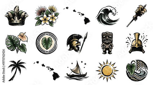 A collection of Hawaiian-themed graphic elements including a crown, flowers, islands, waves, a palm tree, a sailboat, and a sun.