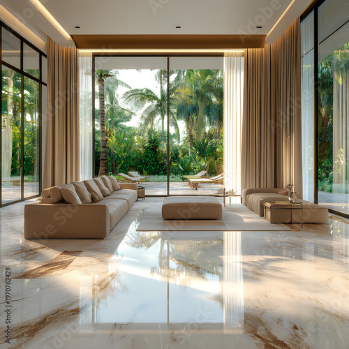 Modern indoor outdoor living space with sliding glass doors and lush garden view