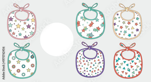 Collection of colorful baby bibs with various patterns like stars circles and triangles isolated on grey background vector.