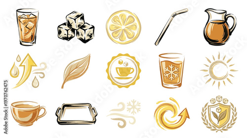 A collection of hand-drawn illustrations depicting elements related to iced tea preparation and enjoyment, including drinks, ingredients, and atmospheric conditions.