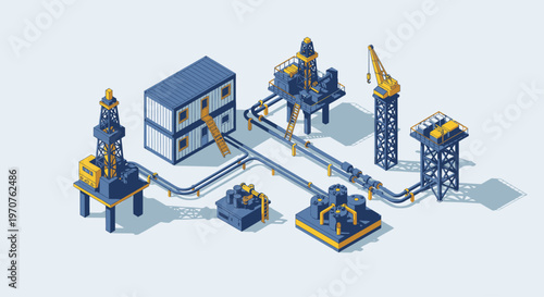 Offshore Oil Rig Platform Industrial Complex with Pipelines and Cranes.