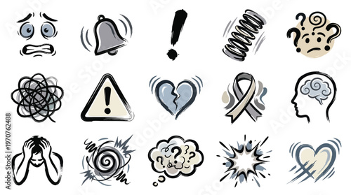 A collection of icons representing various emotional states, mental health challenges, and psychological distress.