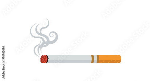 Cigarette with filter and burning end emits grey smoke against a clean white background in a minimalist illustration style.
