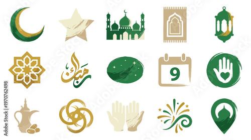 A collection of Islamic cultural icons and symbols, including a crescent moon, mosque, star, lantern, prayer mat, and calligraphy, presented in a green and gold color palette.