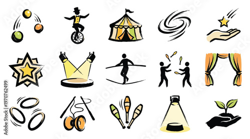 A collection of hand-drawn icons representing various circus and performance-related activities and symbols.