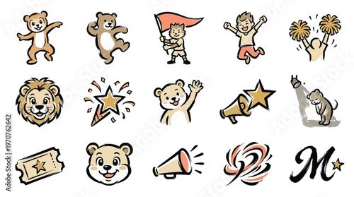 A collection of cheerful cartoon illustrations featuring bears, a lion, a child with a flag, a cheerleader, and other celebratory icons.