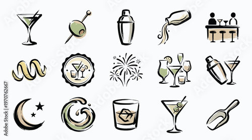 A collection of hand-drawn illustrations depicting various elements related to cocktails, bars, and nightlife.