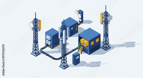 Telecommunication Network Infrastructure with Cell Towers and Equipment.