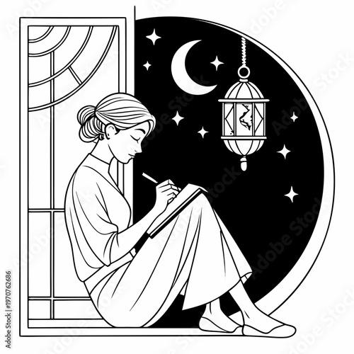 Woman Writing Dreams Under Star Lantern coloring page