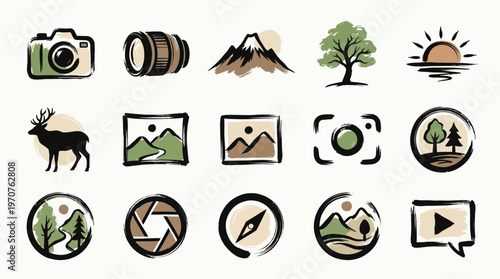 A collection of hand-drawn icons representing nature, photography, and outdoor activities, including cameras, lenses, mountains, trees, animals, and compasses.