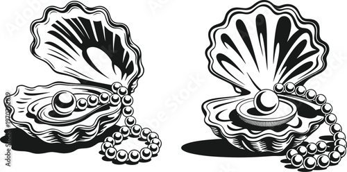 Two open oyster shells revealing pearls and rings with black and white