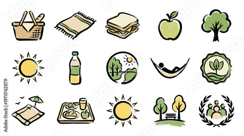 A collection of hand-drawn icons representing a pleasant outdoor picnic scene, featuring food, nature, and relaxation elements.