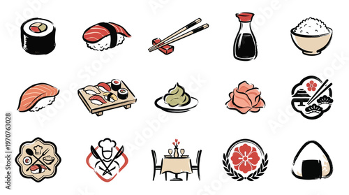 A collection of Japanese food and dining icons, including sushi, rice, chopsticks, and restaurant elements.