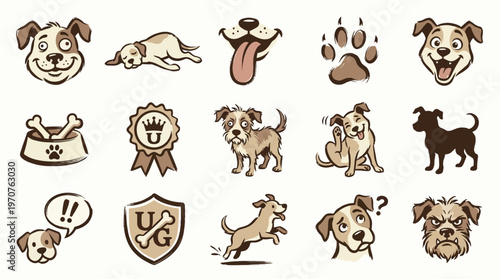 A collection of charming cartoon dog illustrations depicting various emotions, actions, and accessories related to canine companionship.