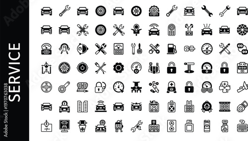 Automotive service icons, car repair tools, vehicle maintenance symbols, diagnostic elements, black silhouette set, mechanic vector graphics, transport system illustration