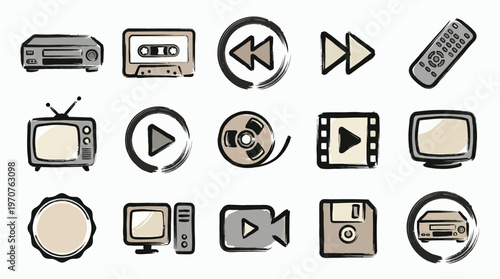 A collection of vintage and modern media playback and recording devices, including VCRs, cassette tapes, film reels, and remote controls, presented in a hand-drawn icon style.
