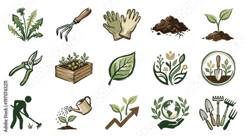 A collection of 15 diverse icons representing gardening, farming, and plant growth, including tools, plants, and soil.