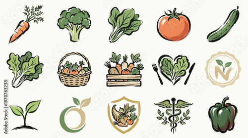 A vibrant collection of fresh vegetables and healthy food-related icons, including carrots, broccoli, spinach, tomatoes, cucumbers, and leafy greens, presented in a grid layout.
