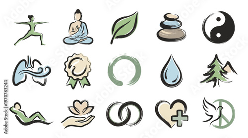 A collection of diverse icons representing wellness, spirituality, nature, and healthy living.