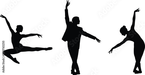 Ballet dancer silhouette vector set, black and white dance pose illustration, elegant movement design, performing arts graphic, expressive choreography artwork