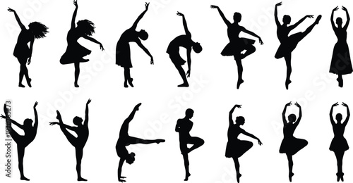 Ballet dancer silhouette set, elegant poses and movements, black vector illustration, dance performance icons, graceful flexibility, artistic motion, minimal style