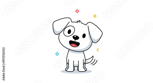 Adorable white cartoon puppy with a black spot over one eye and a wagging tail stands playfully on a white background.