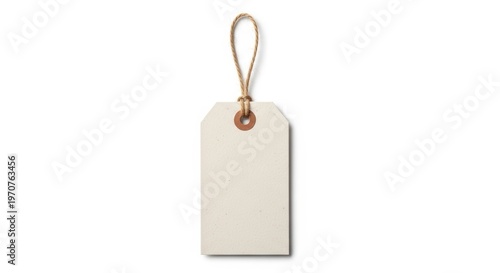 Blank white paper price tag with twine string, minimalist cardboard gift label mockup, empty hanging sale tag isolated on white background