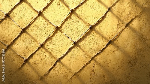 Sunlight casts shadows of a diamond-shaped wire fence onto a textured yellow wall.