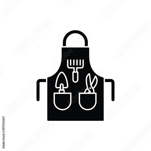 Gardening apron with tools icon for backyard work and professional landscaping service symbol featuring rake and trowel with shears in pockets isolated on white background for hobbyist use.