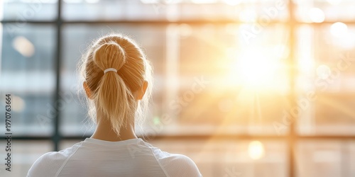 A woman with a ponytail faces a bright window, bathed in warm sunlight, symbolizing hope, reflection, and a new beginning.