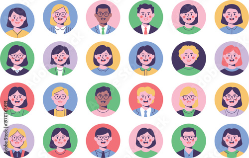 Diverse avatar icon set featuring various men and women characters in flat vector style for professional team profile and social media community design